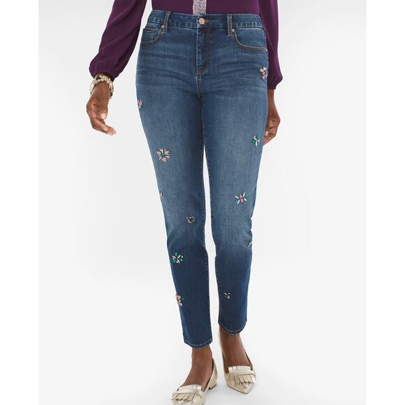Chico's So Slimming Girlfriend Ankle Jewel Embellished Denim Jeans 6 Petite - Picture 1 of 9